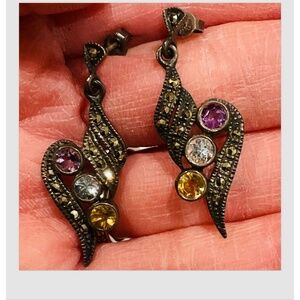Vintage Sterling Silver Marcasite Multi Stone Drop Dangle Earrings 1.5”